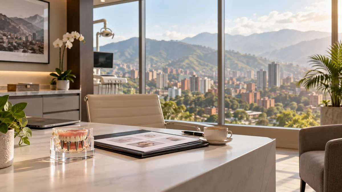 A consultation desk with a full arch implant model, a case portfolio and a coffee cup, overlooking a mountain city