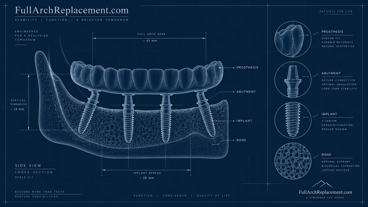 Technical cross-section diagram of a full arch restoration showing prosthesis, abutment, implant and bone layers