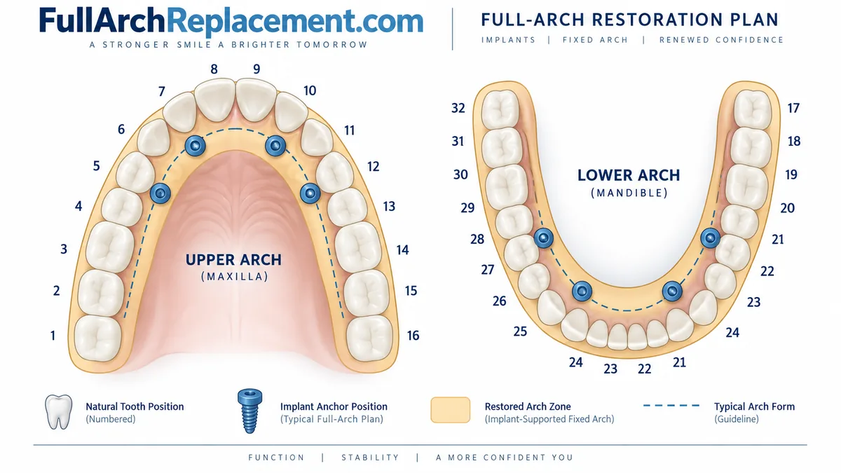 Diagram of a full arch restoration plan showing implant anchor positions across the upper and lower arches