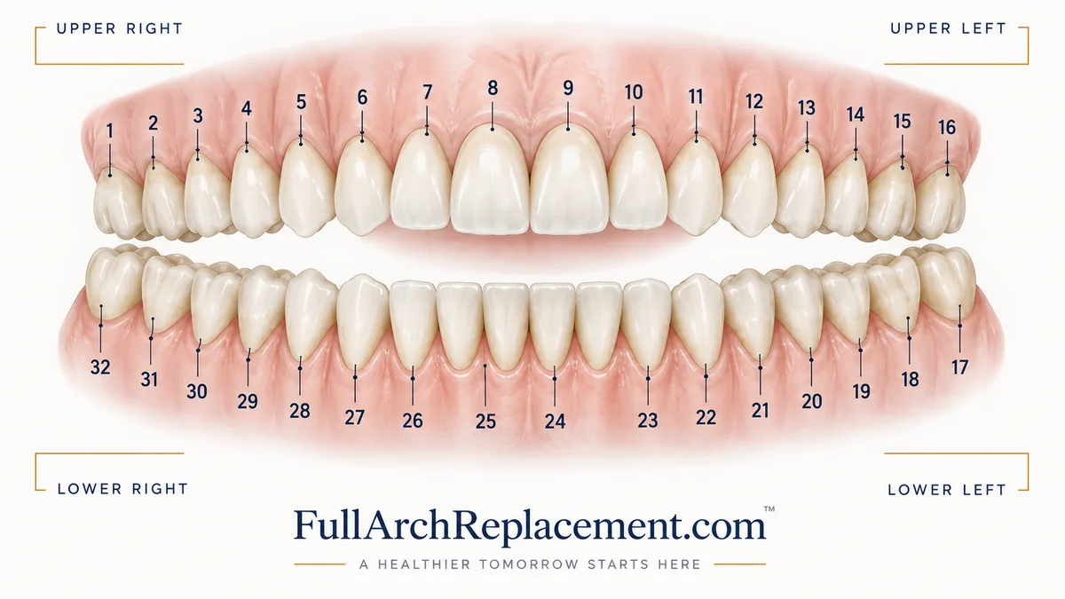 Dental chart showing the universal tooth numbering system, teeth 1 through 32 across the upper and lower arches