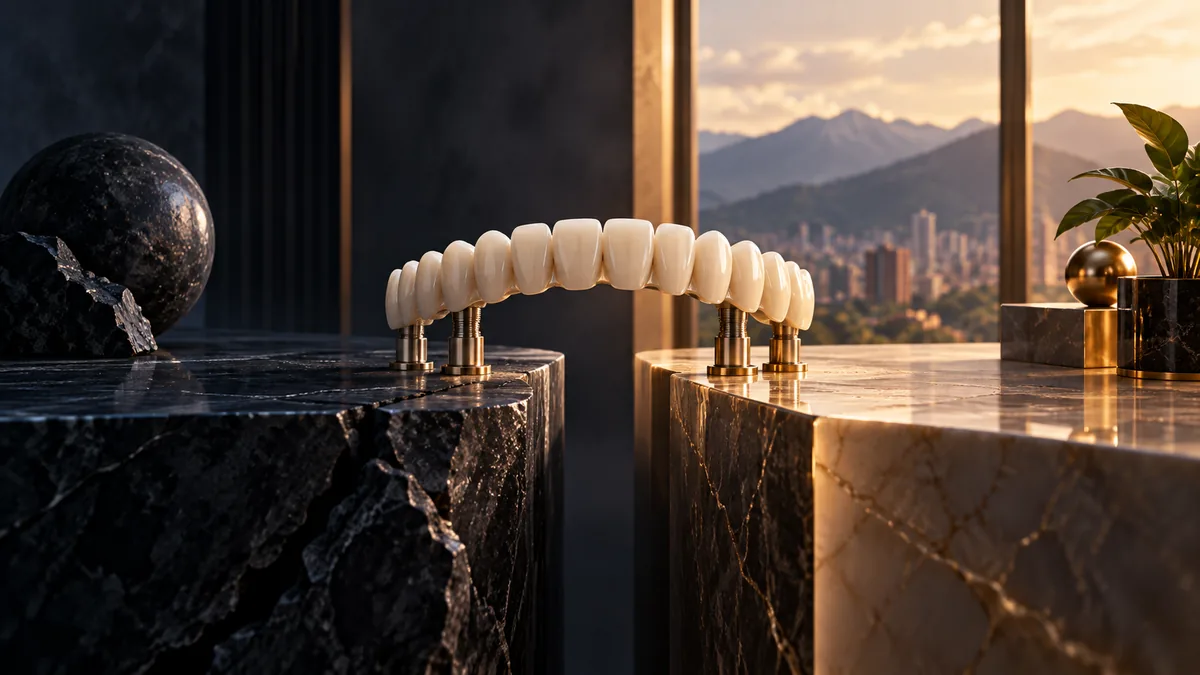 A full-arch implant bridge displayed on marble plinths against a mountain city skyline at sunset