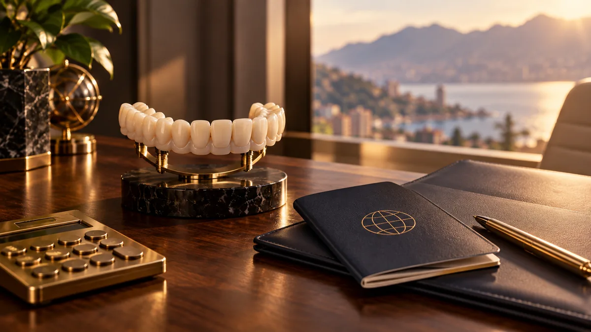 A full arch implant prosthesis on a marble stand beside a passport, notebook and calculator on a desk at sunset