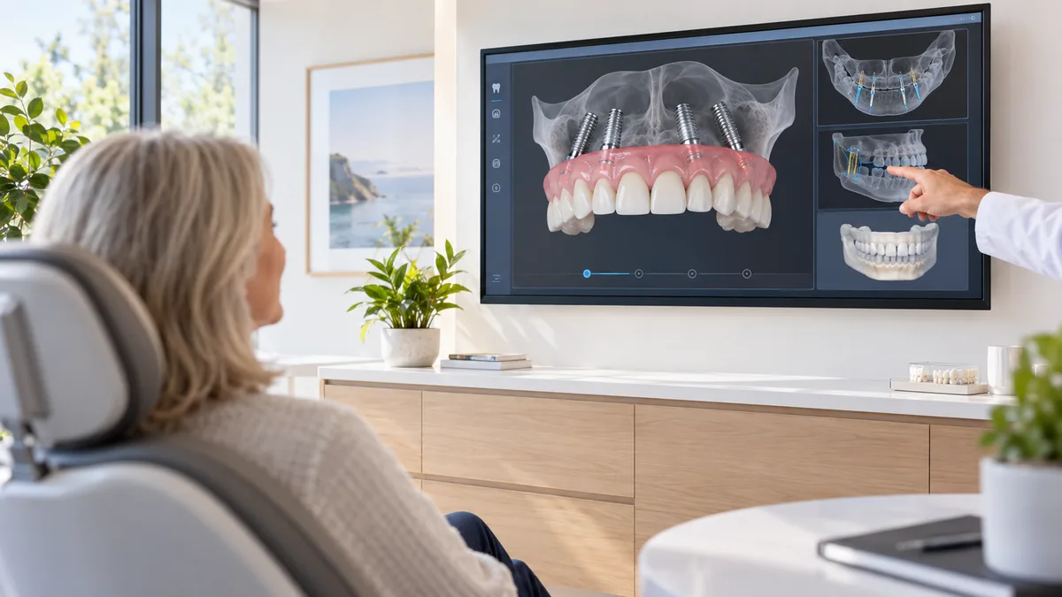 A patient reviewing a digital full arch implant treatment plan displayed on a large screen with a clinician pointing at the scan